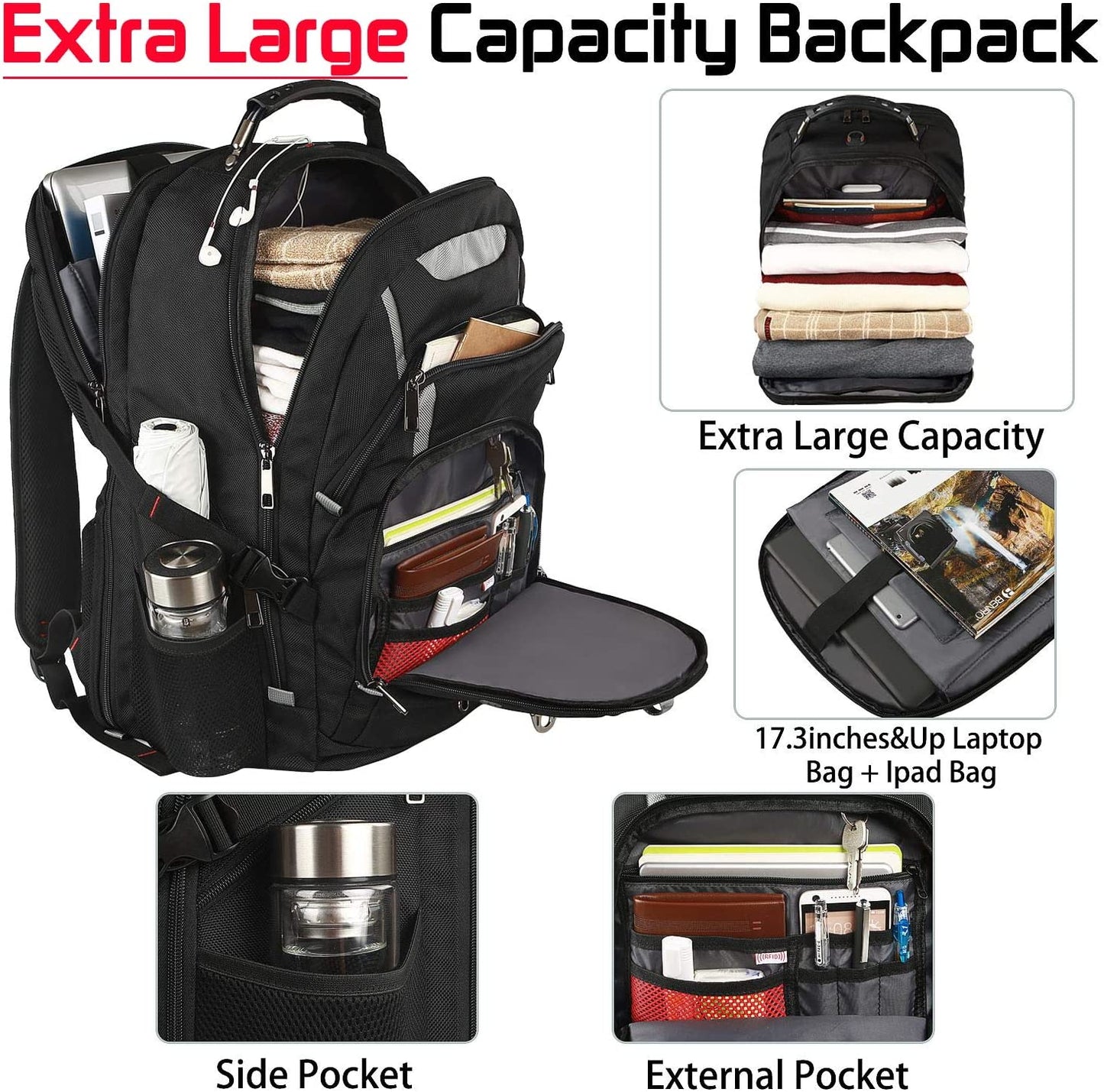 18.4 Laptop Backpack for Men, 55L-60L Extra Large Gaming Laptops Backpack, TSA Friendly Flight Approved RFID Anti-Theft Pocket, Water Resistant Suiltable for Travel Business Work